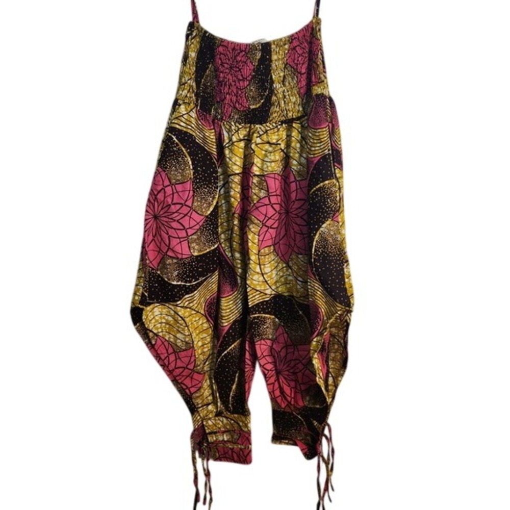 African Wax Print Harem Pants Smocked Waist Tie Ankle Boho Genie OS 100% Cotton - Picture 4 of 13